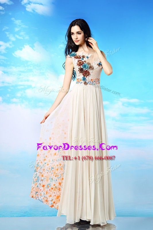  Scoop Sleeveless Prom Evening Gown Ankle Length Appliques and Ruching and Pattern White Chiffon