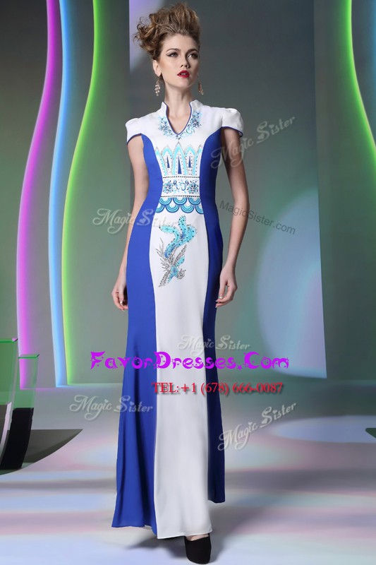 Traditional Blue And White Cap Sleeves Floor Length Embroidery Zipper Evening Dress