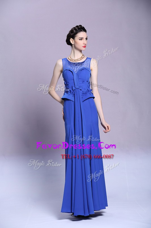 Scoop Floor Length Blue Prom Gown Chiffon Sleeveless Beading and Appliques