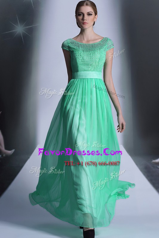 Best Scoop Turquoise Cap Sleeves Beading Floor Length Prom Dresses