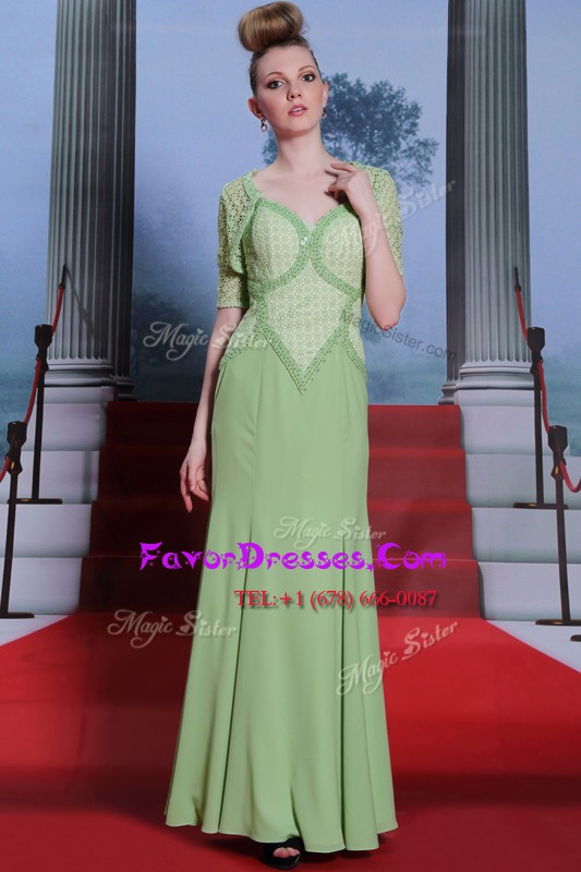 Custom Fit Olive Green Chiffon Side Zipper Evening Dress Cap Sleeves Ankle Length Beading and Lace