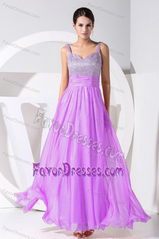 Beading Ankle-length Purple Prom Attire with Straps in Chiffon on Promotion