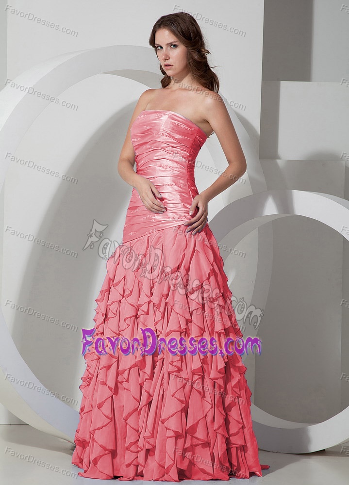 Watermelon Strapless Prom Holiday Dress with Ruches and Ruffles for 2013