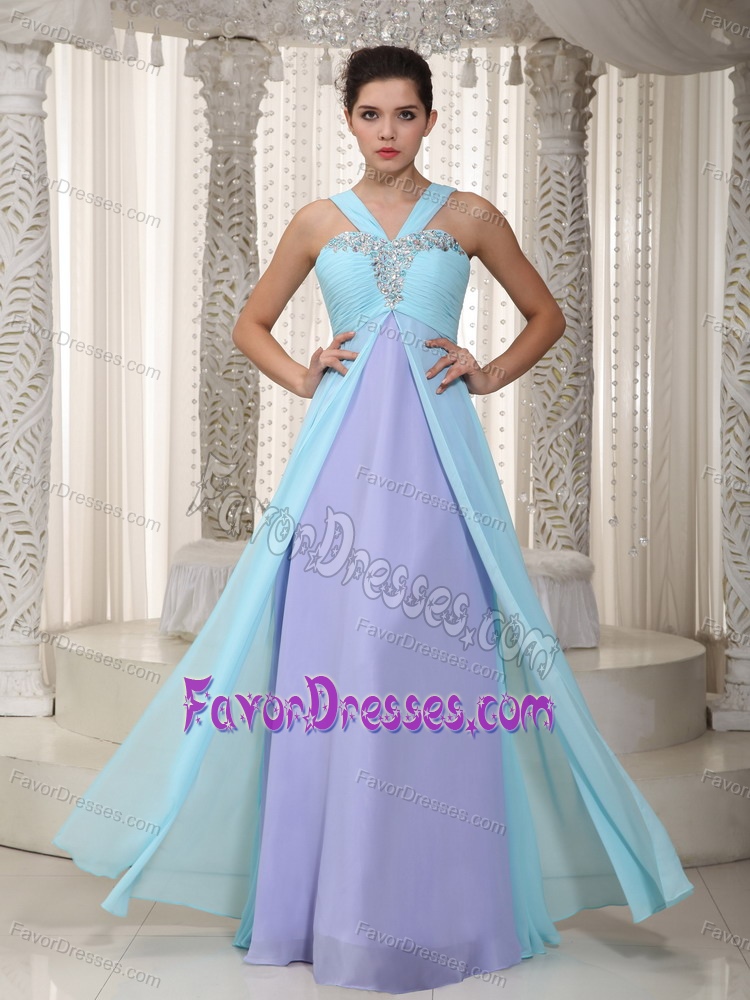 Bottom Price V-neck Beaded Senior Prom with Ruches in Aqua Blue and Lilac
