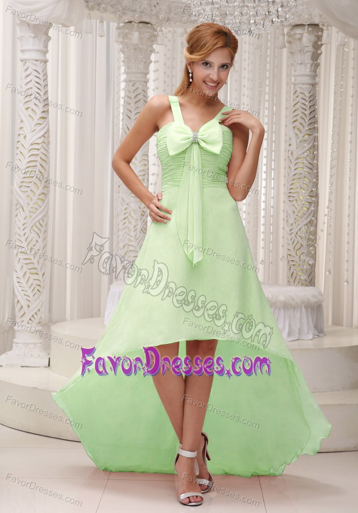 Baby Green High-low Ruched Chiffon Prom Dress with Straps and Bowknot