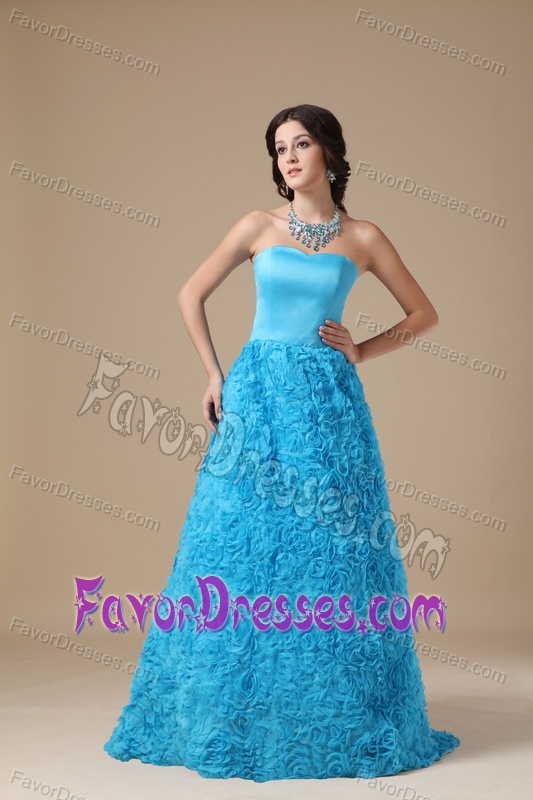 Special Blue Strapless Prom Dress with Rolling Flower on Wholesale Price
