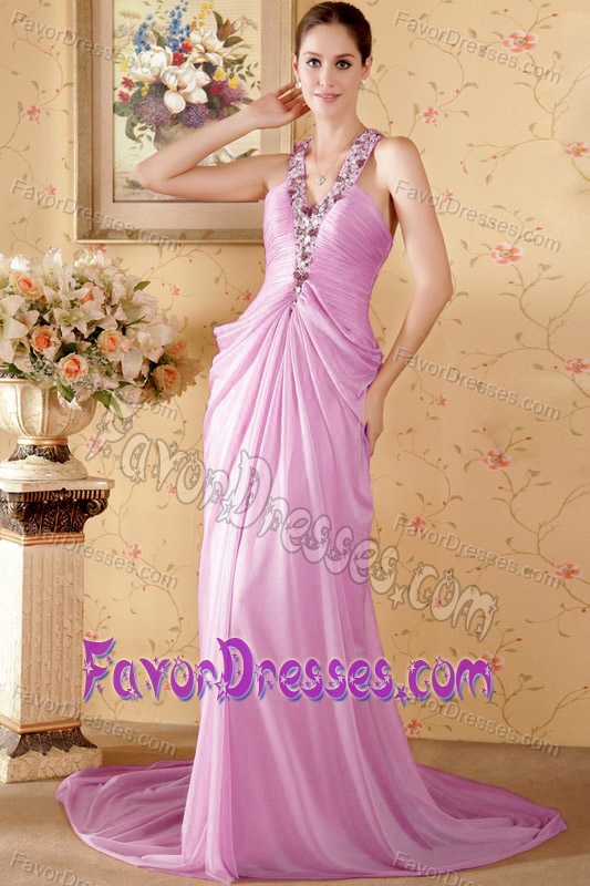 New Pink Column Halter Top Chiffon Beaded and Ruched Prom Graduation Dress