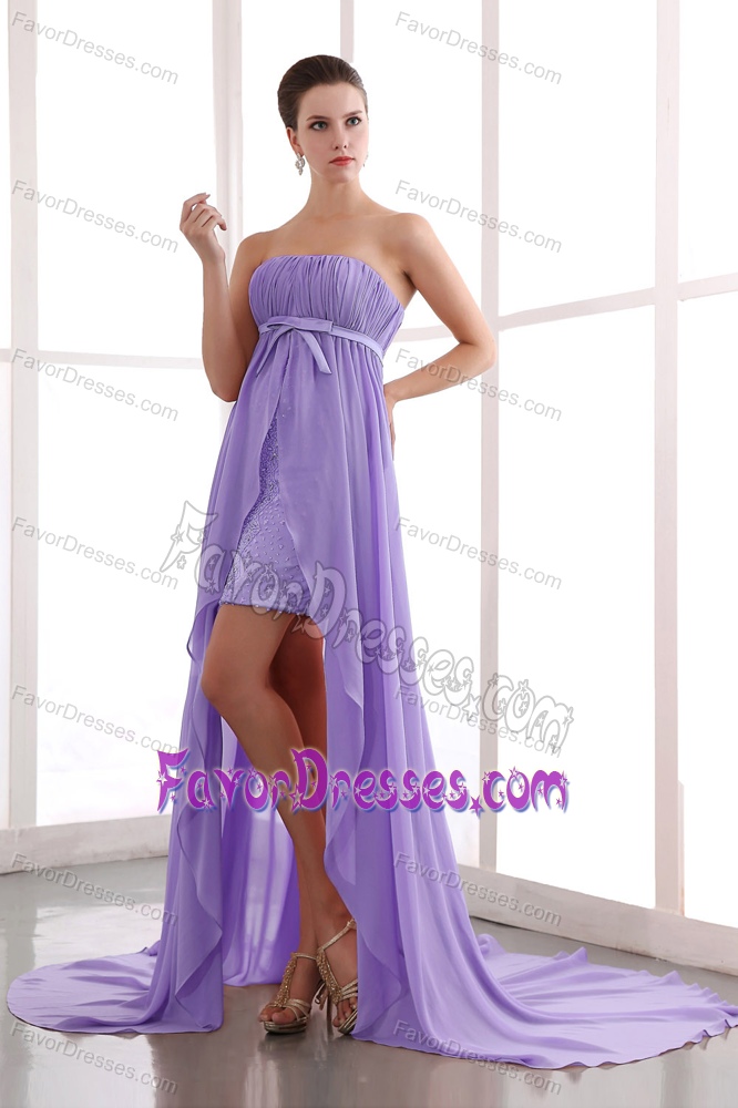 Lavender Column Strapless Prom Dresses Chiffon with Court Train and Beading