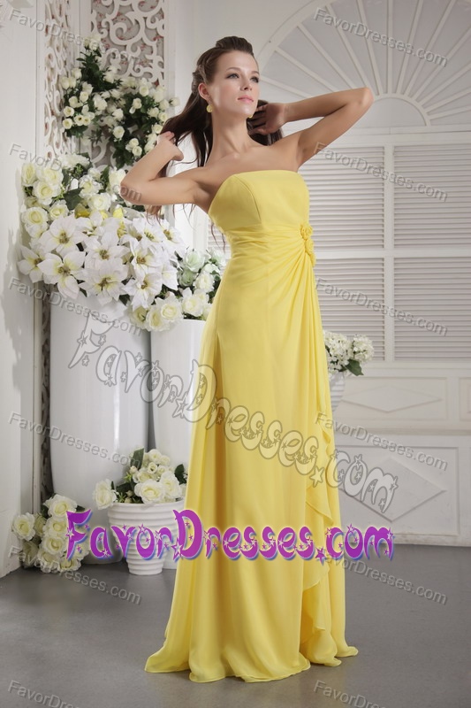 Yellow Empire Strapless Chiffon Prom Graduation Dress with Hand Made Flowers