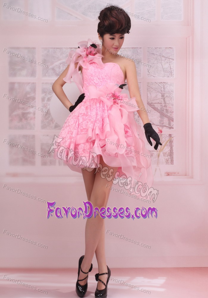 Pink One Shoulder Mini-length Stylish Prom Gowns with Hand Made Flowers