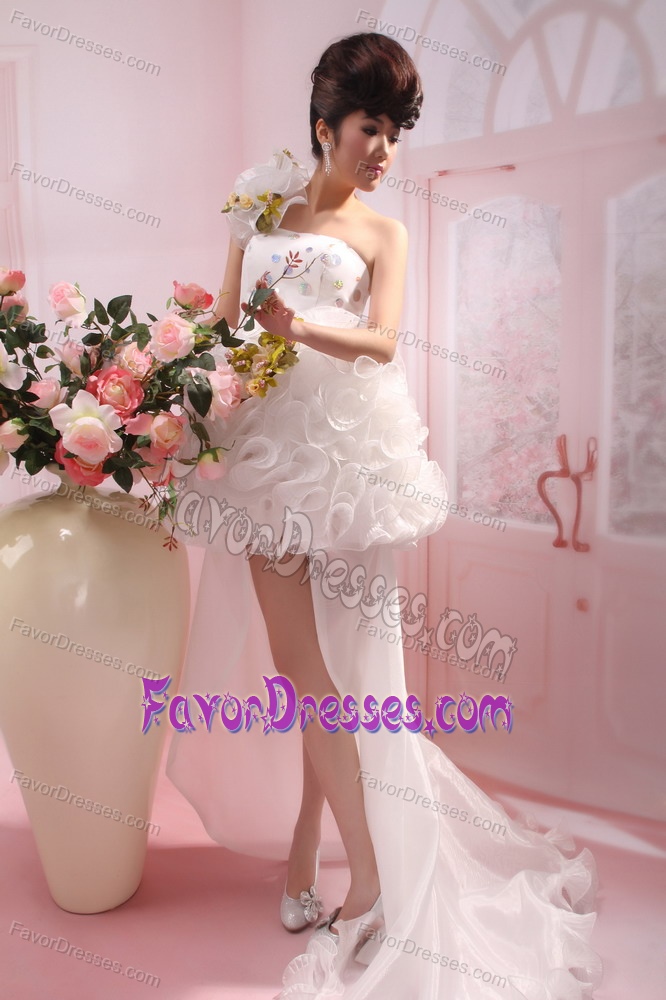 White One Shoulder High-low Organza Prom Dress with Hand Made Flower on Sale