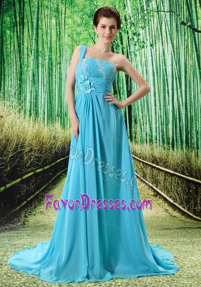 Aqua Blue One Shoulder Prom Dresses Beaded in Formal Evening with Appliques