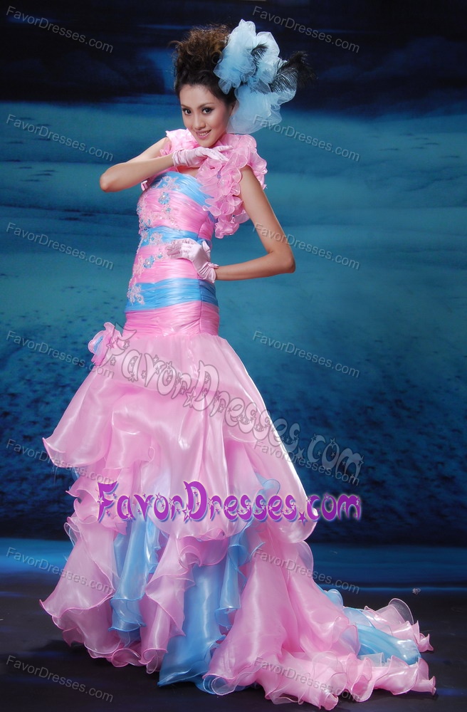 Mermaid Pink and Aqua Blue Organza Strapless Prom Dress on Sale