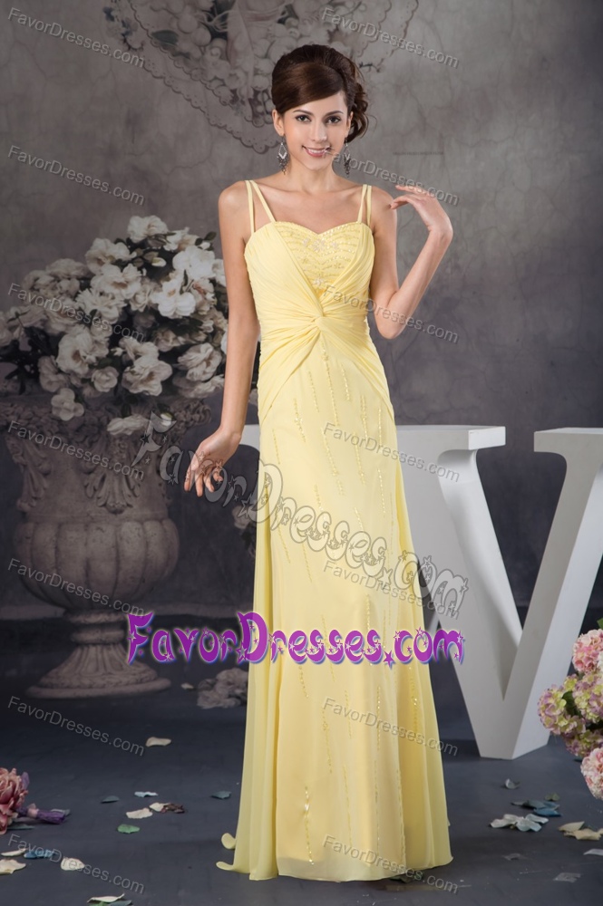 Beaded and Ruched Light Yellow Prom Dresses with Spaghetti Straps for Cheap