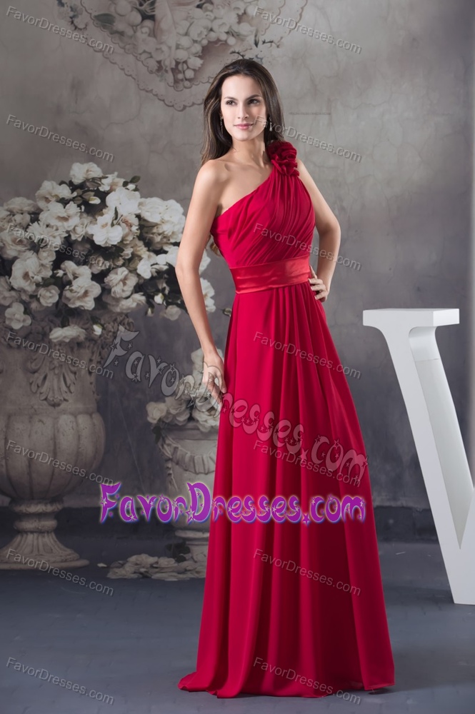 One Shoulder Ruched Prom Formal Dress in Red with Hand Made Flowers on Sale