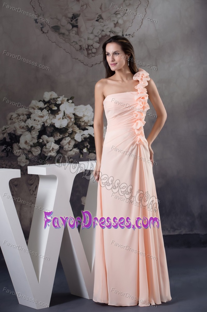 Peach Colored One Shoulder Prom Dress for Girls with Handmade Flower on Sale