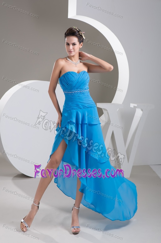 Blue Ruched and Beaded Prom Dresses with Asymmetrical Edge for Custom Made