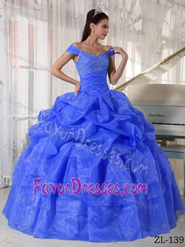Formal Blue Off The Shoulder Quinceanera Gowns in Taffeta and Organza