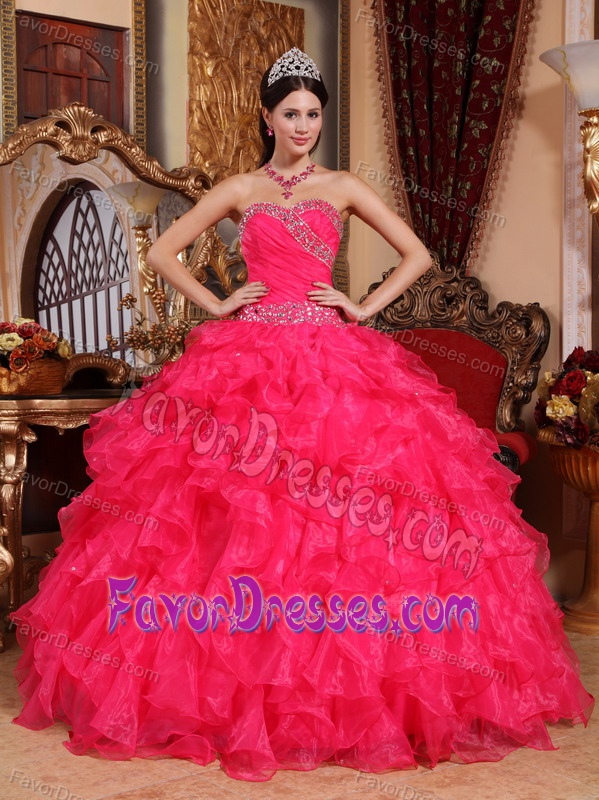Popular Coral Red Sweetheart Beading Dress for Quinceaneras in Organza