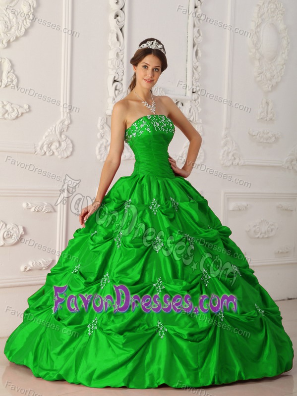 Green Quinceanera Gown in Taffeta with Appliques and Pick-ups
