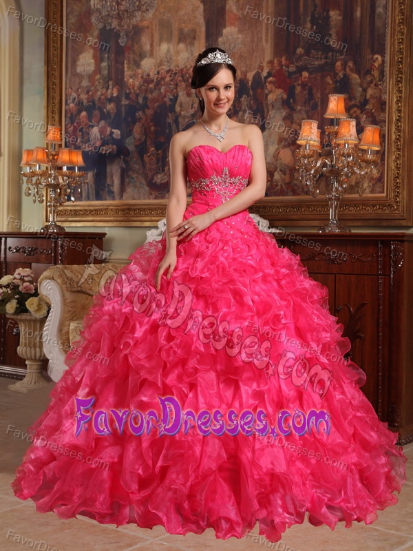 Newest Red Ball Gown Sweetheart Organza Dress for Quinces with Beads