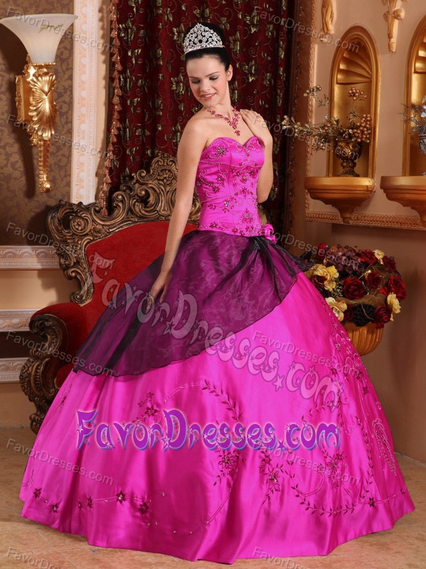Righteous Fuchsia Sweetheart Quinceanera Dresses in Satin with Embroidery