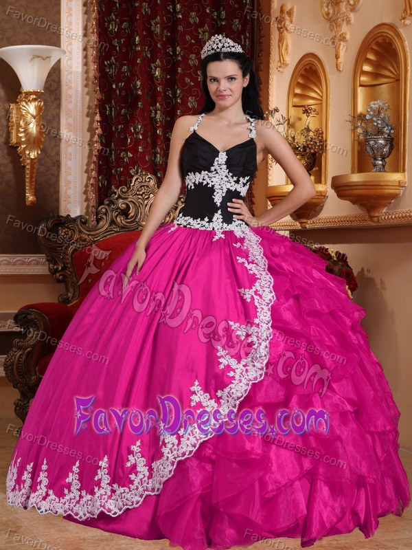 Good Quality Hot Pink and Black Halter Sweet Sixteen Quinceanera Dress