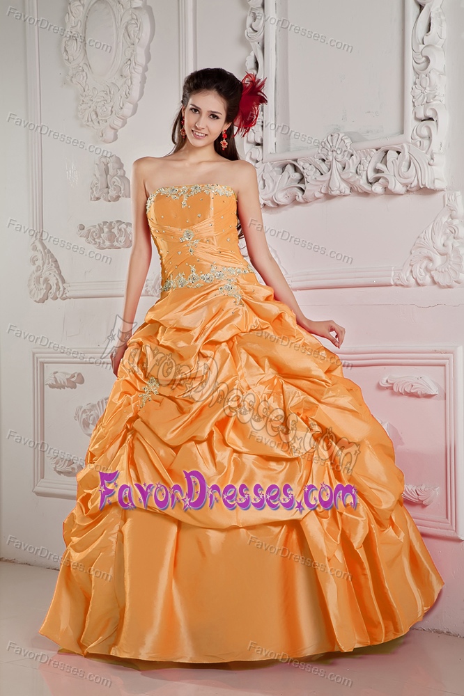 Discount Orange Ball Gown Strapless Beaded Quince Dresses in Taffeta
