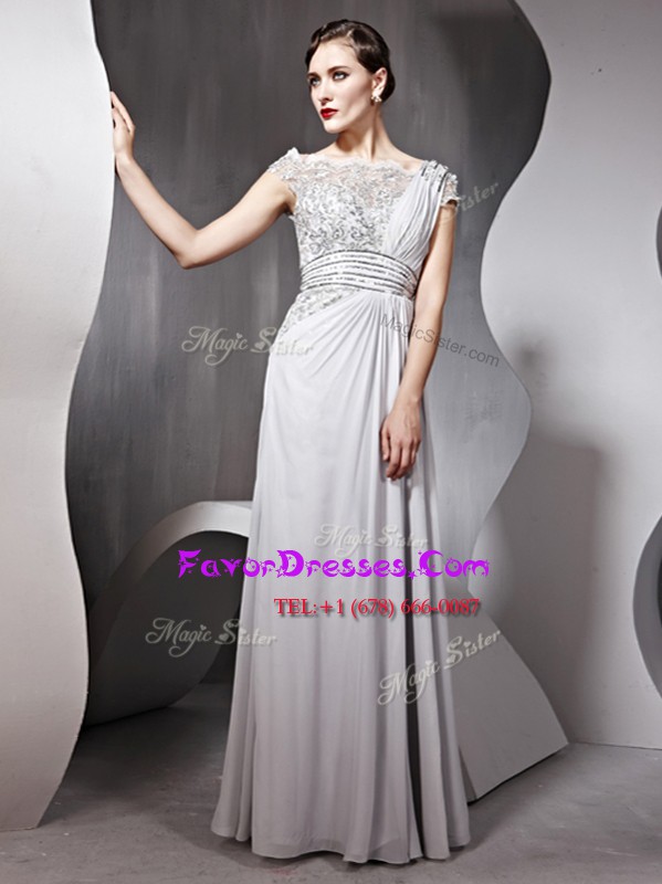 Popular Silver Cap Sleeves Appliques and Ruching Floor Length Prom Dresses