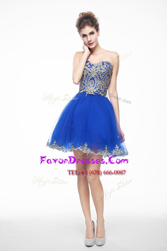 Flare Mini Length Side Zipper Royal Blue for Prom with Beading and Embroidery