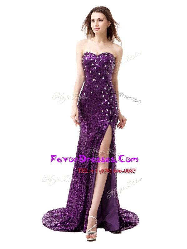  Mermaid Sleeveless Brush Train Side Zipper Floor Length Beading and Ruffles Prom Dress