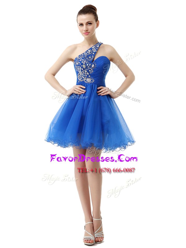  One Shoulder Sleeveless Knee Length Beading Criss Cross Dress for Prom with Royal Blue