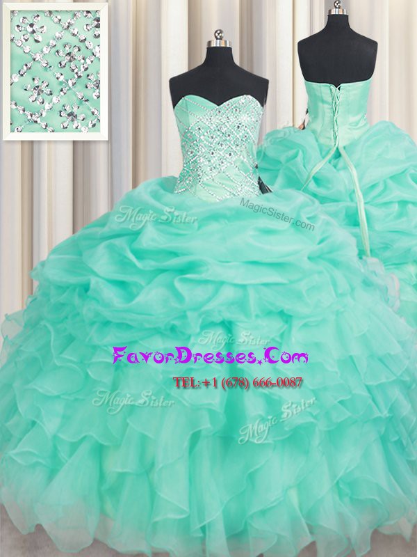 Unique Apple Green Organza Lace Up Sweetheart Sleeveless Floor Length Quinceanera Dresses Beading and Ruffles and Pick Ups