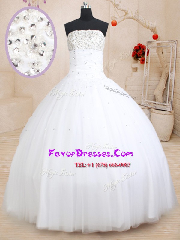 Admirable White Tulle Lace Up Strapless Sleeveless Floor Length Sweet 16 Quinceanera Dress Beading