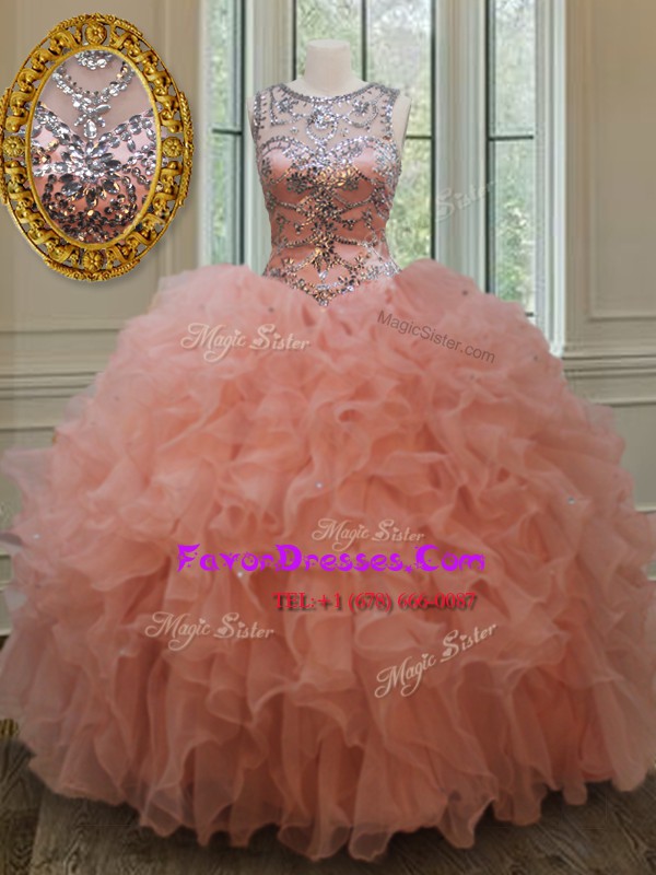 Suitable See Through Peach Ball Gowns Organza Scoop Sleeveless Beading and Ruffles Floor Length Lace Up 15 Quinceanera Dress