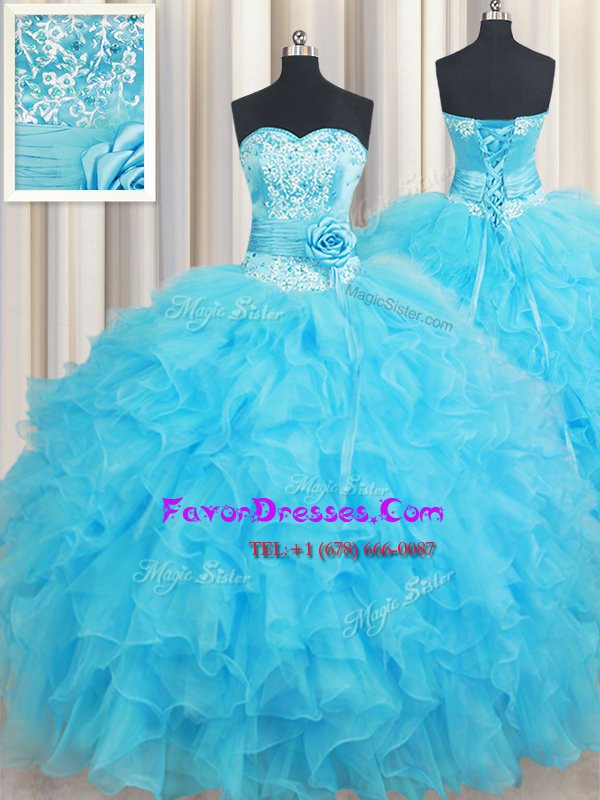 Beautiful Baby Blue Ball Gowns Sweetheart Sleeveless Organza Floor Length Lace Up Beading and Ruffles and Hand Made Flower Quince Ball Gowns