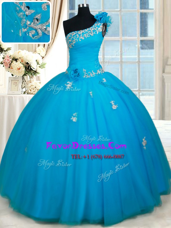  Baby Blue One Shoulder Neckline Beading and Appliques and Hand Made Flower 15 Quinceanera Dress Sleeveless Zipper