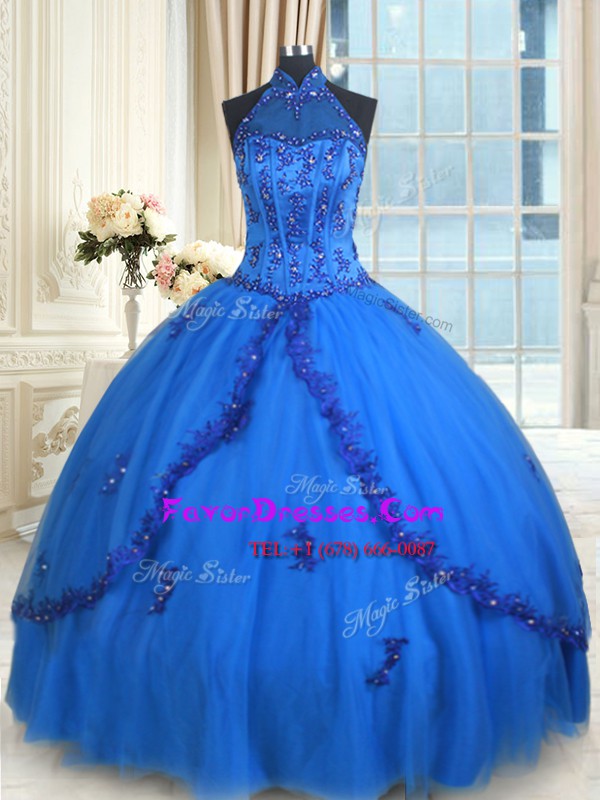 Trendy See Through Blue Lace Up Halter Top Beading and Appliques Quince Ball Gowns Tulle Sleeveless
