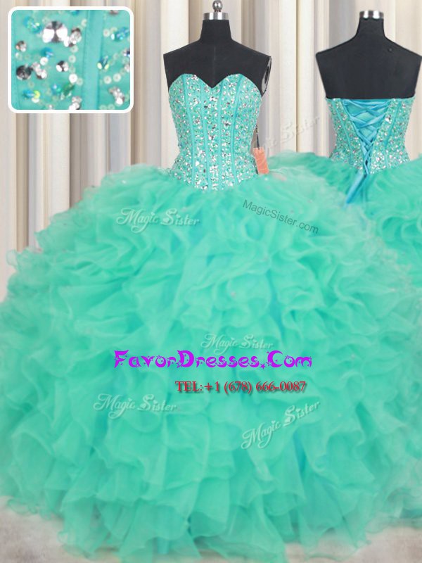 Extravagant Sleeveless Organza Floor Length Lace Up Quinceanera Dresses in Turquoise with Beading and Ruffles