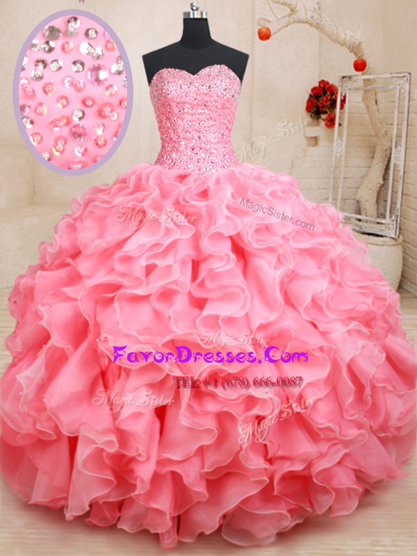  Pink Ball Gowns Beading and Ruffles Quinceanera Dress Lace Up Organza Sleeveless Floor Length