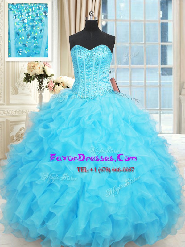 Modern Aqua Blue Sweetheart Neckline Beading and Ruffles and Ruffled Layers Sweet 16 Quinceanera Dress Sleeveless Lace Up