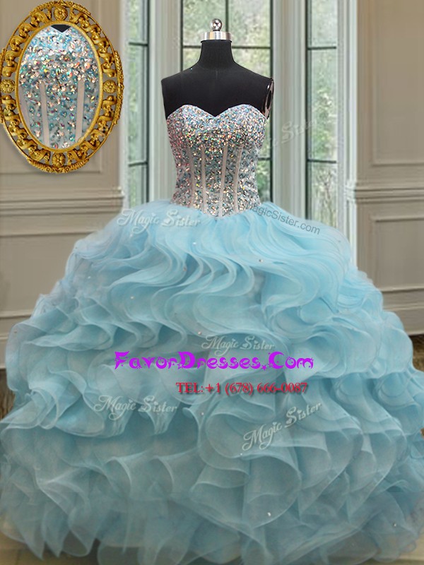 Luxury Sequins Floor Length Light Blue Quinceanera Dress Sweetheart Sleeveless Lace Up
