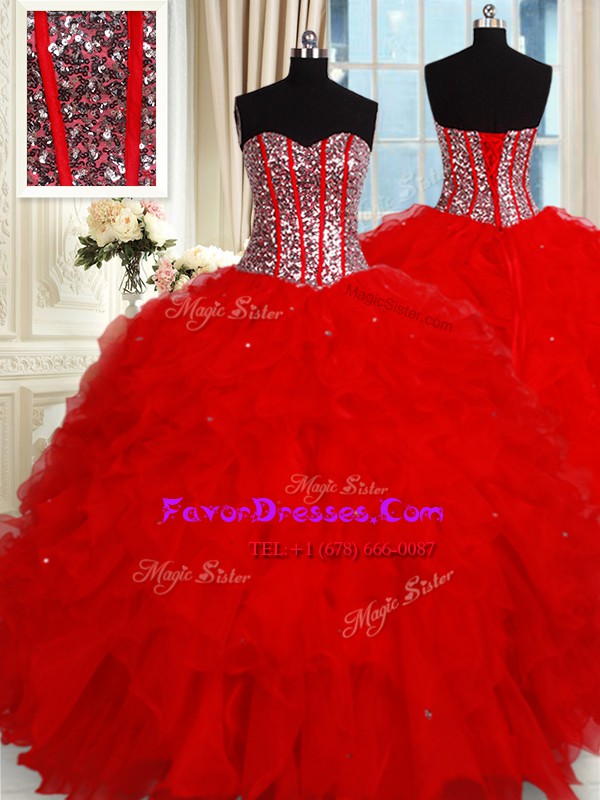  Red Sleeveless Floor Length Ruffles and Sequins Lace Up 15 Quinceanera Dress