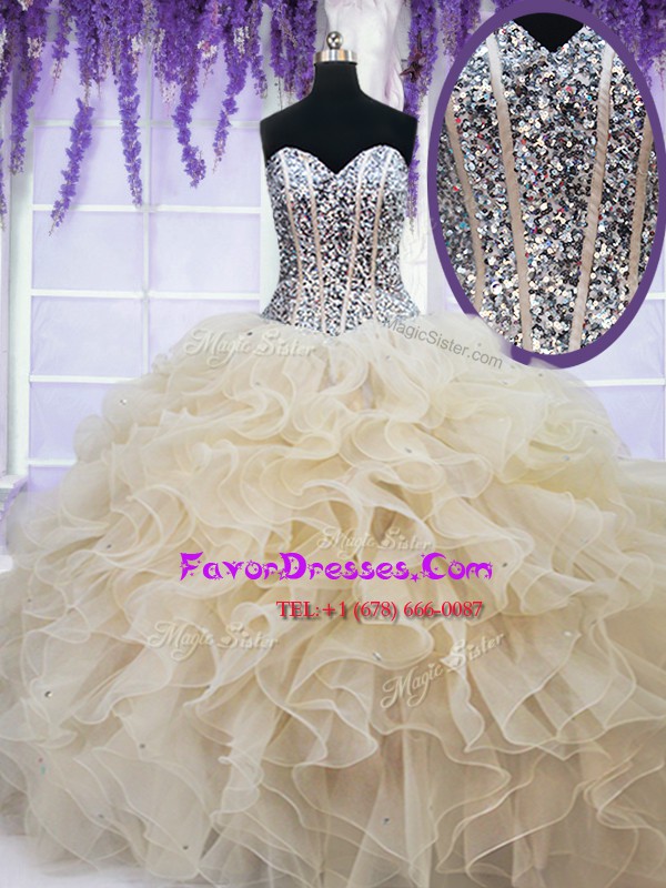  Champagne Lace Up Quinceanera Gowns Beading and Ruffles Sleeveless Floor Length