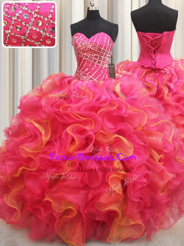 Modern Multi-color Sleeveless Floor Length Beading and Ruffles Lace Up Ball Gown Prom Dress