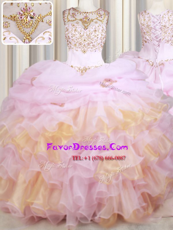  Scoop Beading and Ruffles and Pick Ups Quinceanera Dresses Pink Lace Up Sleeveless With Train Court Train