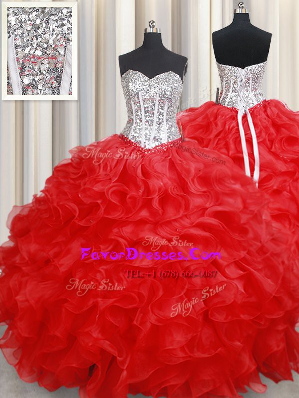 Organza Sweetheart Sleeveless Lace Up Beading and Ruffles Quinceanera Dresses in Red