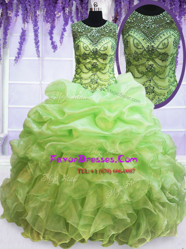  Scoop See Through Ball Gowns Beading and Ruffles and Pick Ups 15th Birthday Dress Lace Up Organza Sleeveless Floor Length