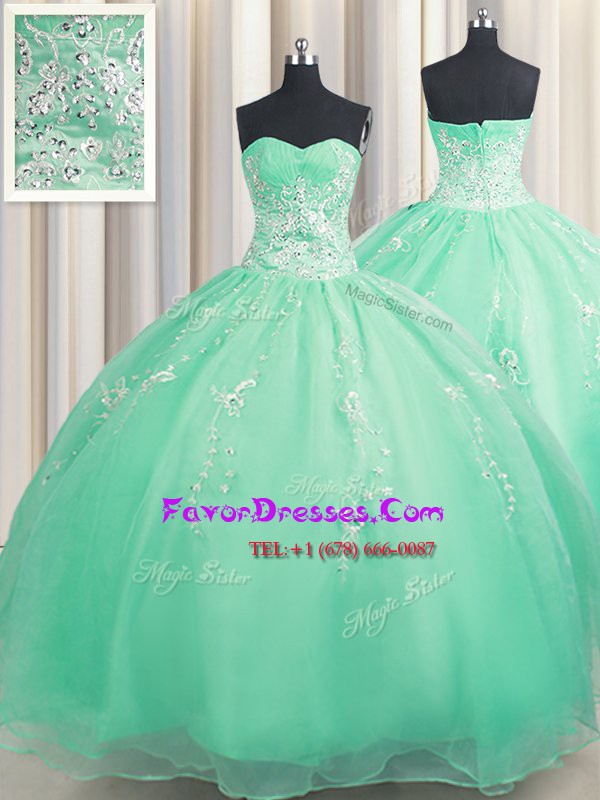  Turquoise Sleeveless Beading and Appliques Floor Length Quinceanera Dress
