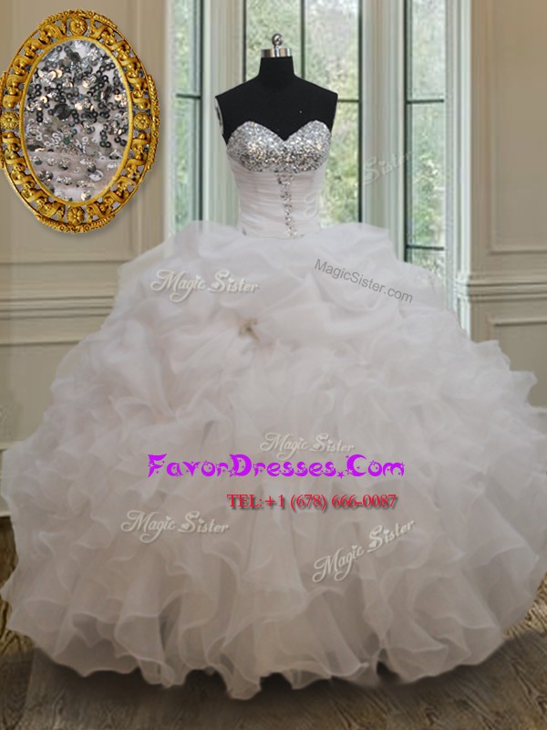 Hot Selling White Sweetheart Neckline Beading and Ruffles and Sequins Sweet 16 Dress Sleeveless Lace Up